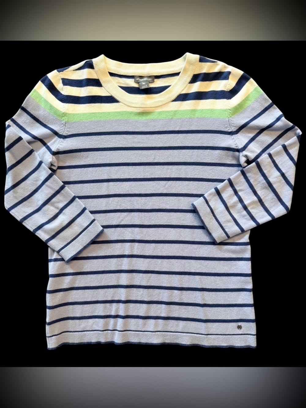 Eddie Bauer Womens Small Striped Crewneck Sweater Gray Navy Green Lightweight